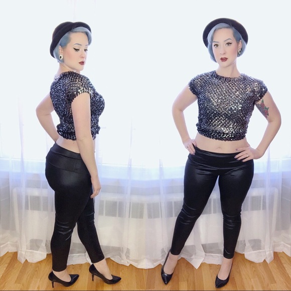 Vintage Black and Silver/Gray Sequin Mesh Top - Picture 2 of 8